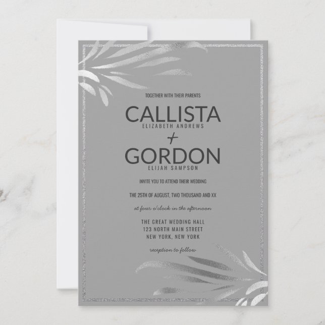 Modern Silver Gray Leaves Glitter Border Wedding Invitation (Front)