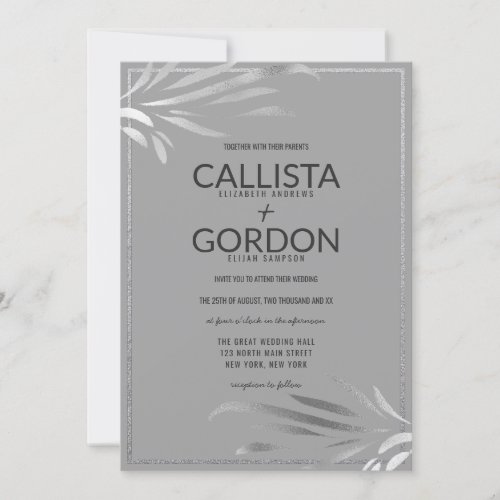 Modern Silver Gray Leaves Glitter Border Wedding Invitation