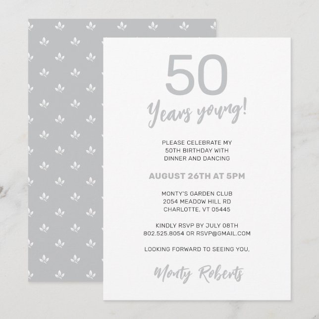 Modern Silver Gray Men's 50th Birthday Party Invitation (Front/Back)