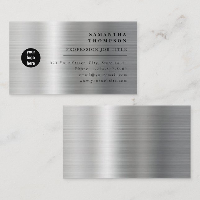 Modern Silver Gray Metal Logo Business Card (Front/Back)