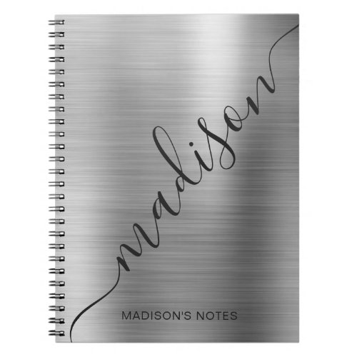 Modern Silver Gray Monogram Script Name Notebook