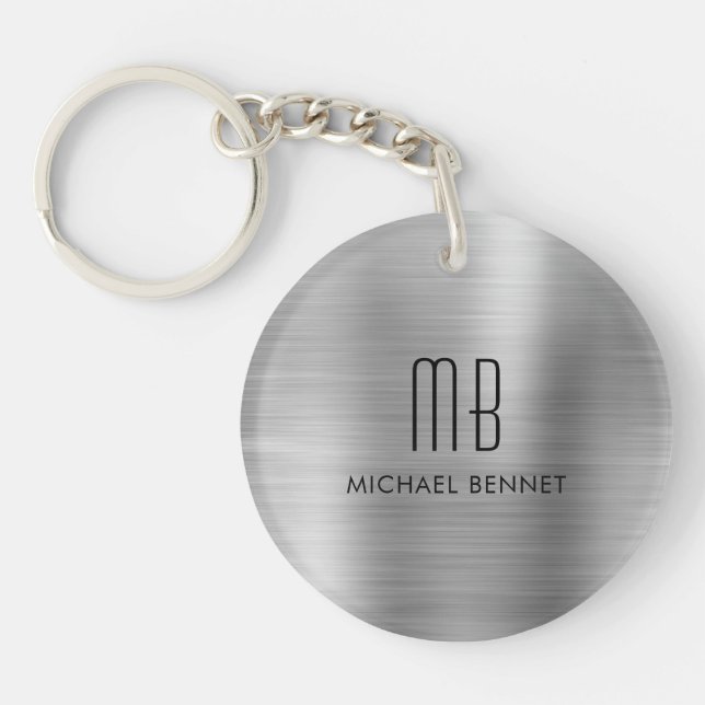 Modern Silver Gray Monogrammed Keychain (Front)