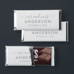 Modern Silver Gray Mr and Mrs Wedding Hershey Bar Favors<br><div class="desc">A cool and sophisticated wedding favor wrapper featuring "Mr and Mrs" in flowing calligraphy script with the couple's surname displayed as a monogram-style centerpiece. Silvery gray tones lend a refined, contemporary atmosphere to this clean design. Personalize the names and wedding date for a polished reception favor. All text is fully...</div>