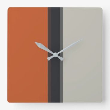 Modern Silver Gray Navy Orange Red Stripe Pattern Square Wall Clock
