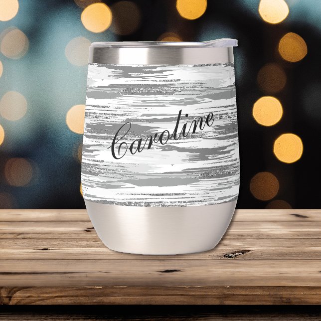 Modern Silver Gray Paint Brush Strokes  Thermal Wine Tumbler (Creator Uploaded)