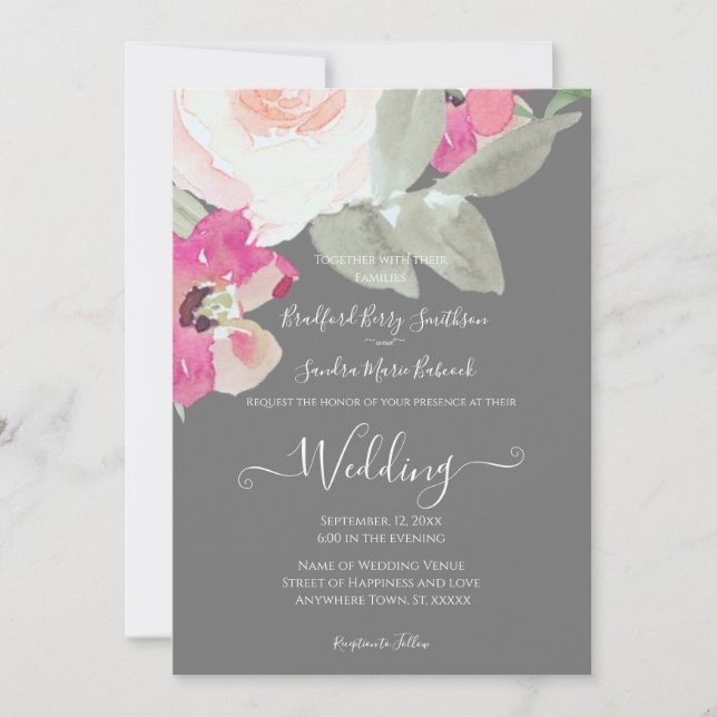 Modern Silver Gray Pink Floral Wedding invitation (Front)
