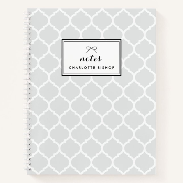 Modern Silver Gray Quatrefoil Pattern Personalized Notebook (Front)