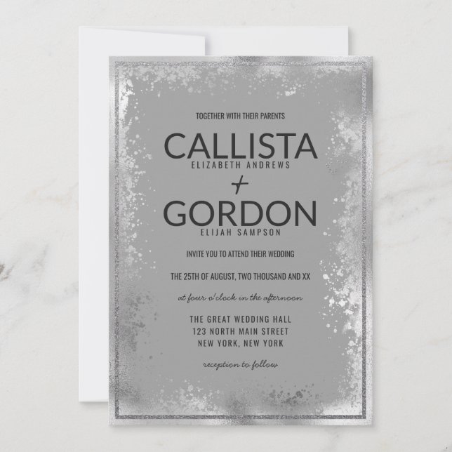 Modern Silver Gray Splatter Glitter Border Wedding Invitation (Front)