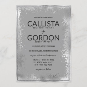 Modern Silver Gray Splatter Glitter Border Wedding Invitation