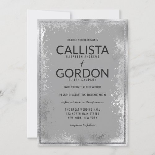 Modern Silver Gray Splatter Glitter Border Wedding Invitation
