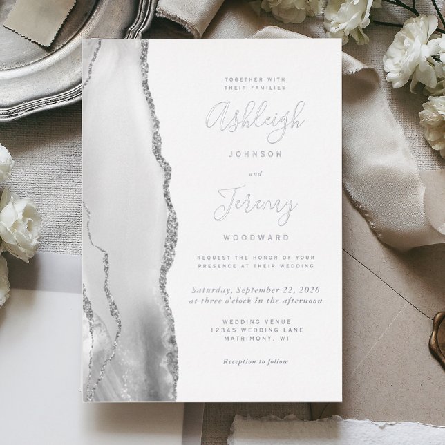Modern Silver Gray White Agate Wedding Foil Invitation (Creator Uploaded)