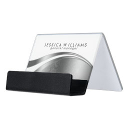 Modern Silver Gray &amp; White Geometric Stripes Desk Business Card Holder