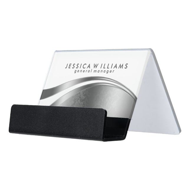 Modern Silver Gray & White Geometric Stripes Desk Business Card Holder (Angled Front)