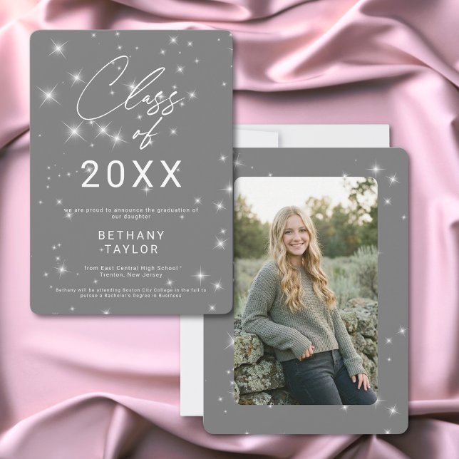 Modern Silver Gray & White Sparkle Graduation Announcement (Modern Silver Gray & White Sparkle Graduation Announcement)