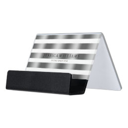 Modern Silver Gray &amp; White Stripes Pattern Desk Business Card Holder