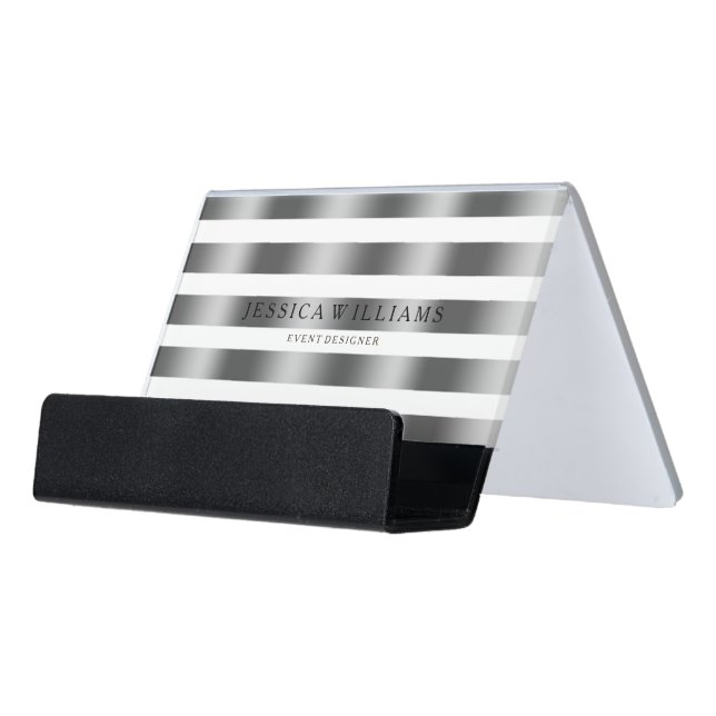 Modern Silver Gray & White Stripes Pattern Desk Business Card Holder (Angled Front)