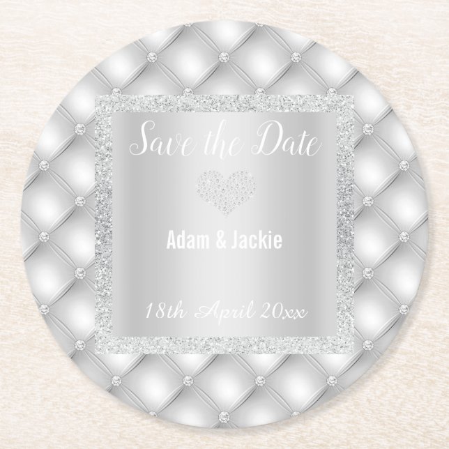 MODERN SILVER GREY DIAMOND SAVE THE DATE COASTER (Front)