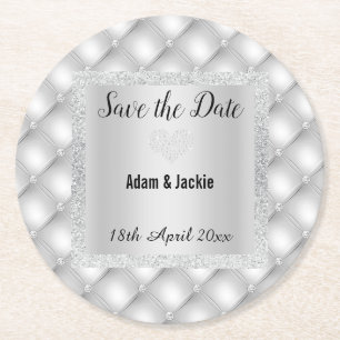 MODERN SILVER GREY DIAMOND SAVE THE DATE COASTER