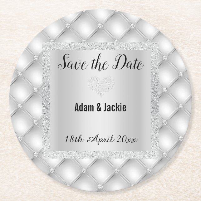 MODERN SILVER GREY DIAMOND SAVE THE DATE COASTER (Front)