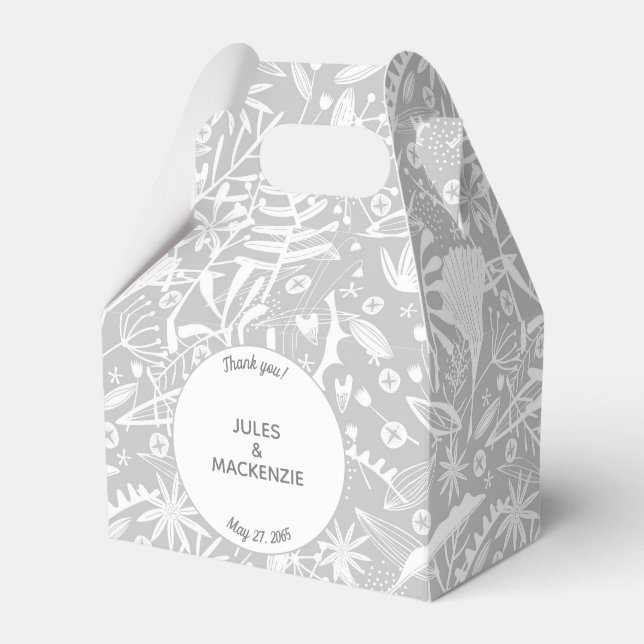Modern Silver Grey Graphic Floral Botanical Favor Boxes (Front Side)