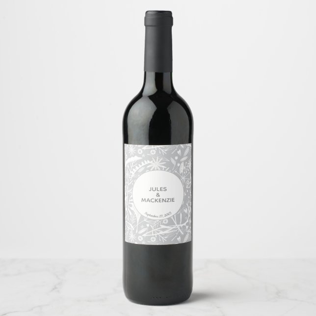 Modern Silver Grey Graphic Floral Botanical Wine Label (Front)