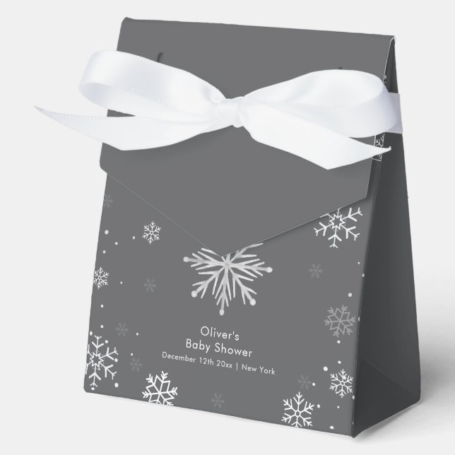 Modern Silver Grey Magical Snowflake Baby Shower  Favor Boxes (Front)