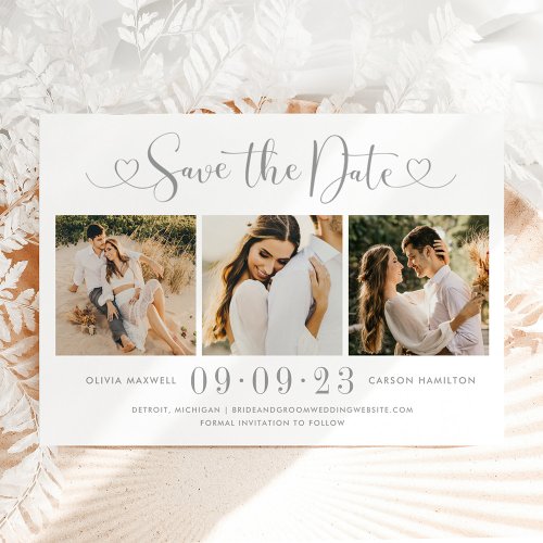 Modern Silver Heart Script 3 Photo Wedding Collage Save The Date