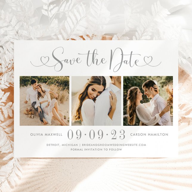 Modern Silver Heart Script 3 Photo Wedding Collage Save The Date (Creator Uploaded)