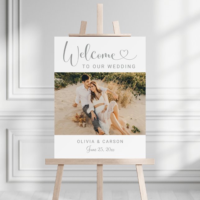 Modern Silver Heart Script Photo Welcome Foam Board (Creator Uploaded)