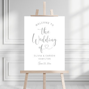 Modern Silver Heart Script Reception Welcome Foam Board