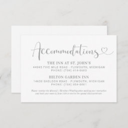 Modern Silver Heart Script Wedding Accommodations Enclosure Card | Zazzle