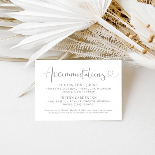 Modern Silver Heart Script Wedding Accommodations Enclosure Card