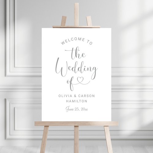 Modern Silver Heart Script Wedding Welcome Foam Board