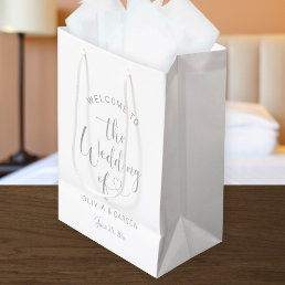 Modern Silver Heart Script Wedding Welcome Medium Gift Bag