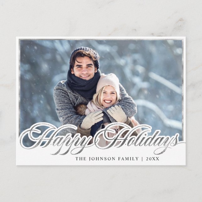 Modern Silver Holiday PHOTO Christmas Greeting Postcard (Front)