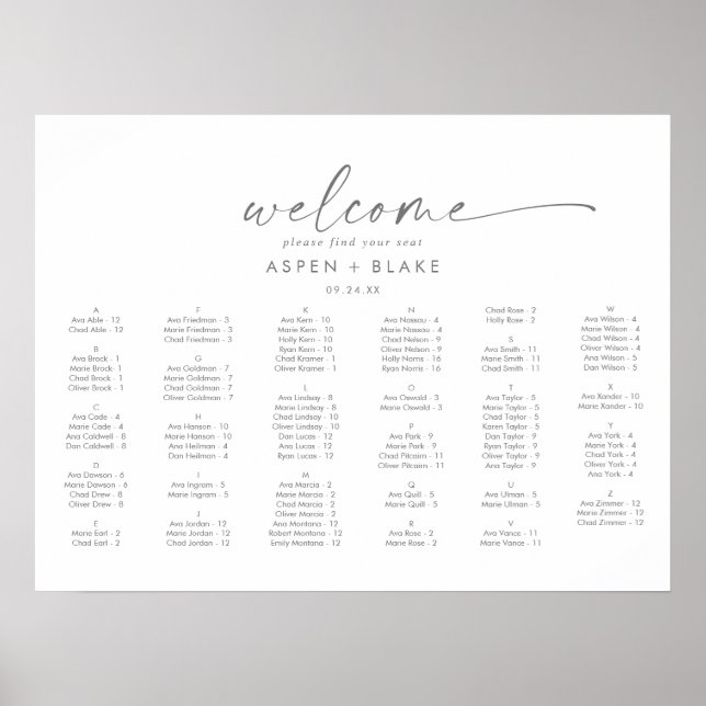 Modern Silver Horizontal Alphabetical Seating Poster (Front)