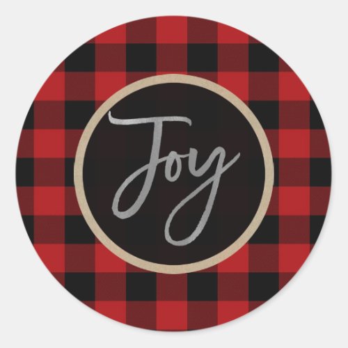 Modern Silver Joy Wreath Holiday Red Buffalo Plaid Classic Round Sticker