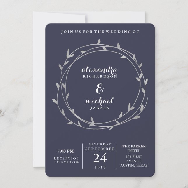 Modern Silver Leafy Circles Midnight Blue Wedding Invitation (Front)