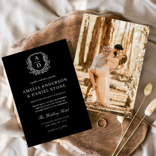 Modern Silver Leafy Crest Monogram Photo Wedding Foil Invitation