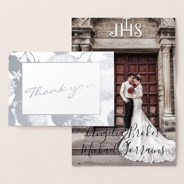 Modern Silver Lemons & Foliage Wedding Photo Real Foil Card (Display)