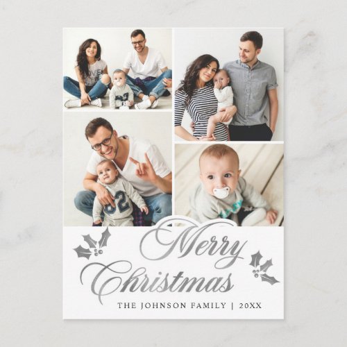 Modern Silver Lettering Christmas 3 PHOTO Greeting Postcard
