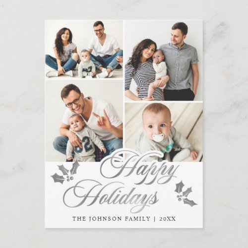 Modern Silver Lettering Christmas 4 PHOTO Greeting Postcard