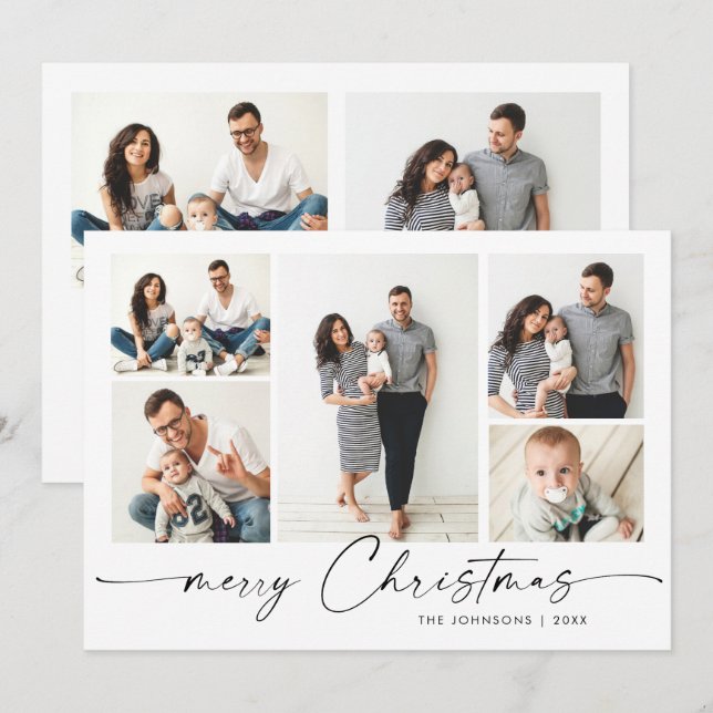 Modern Silver Lettering Christmas 7 PHOTO Greeting Holiday Card (Front/Back)