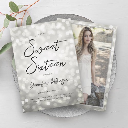 Modern Silver Lights Photo Sweet 16 Party Invitation