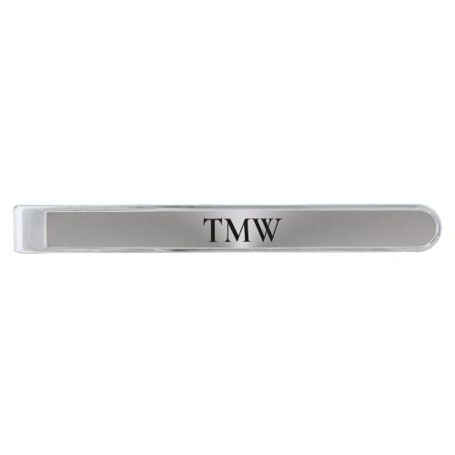 Modern Silver Look and Black Monogram Text Silver Finish Tie Bar