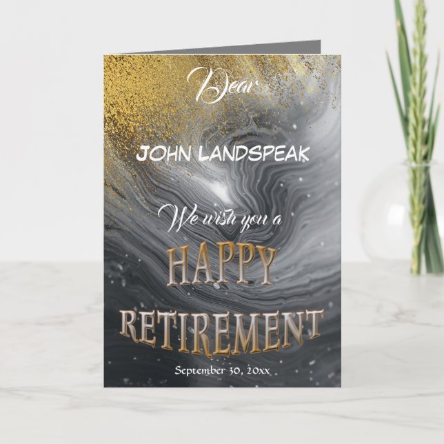 Modern Silver Marble Gold Glitter Happy Retirement Card (Front)