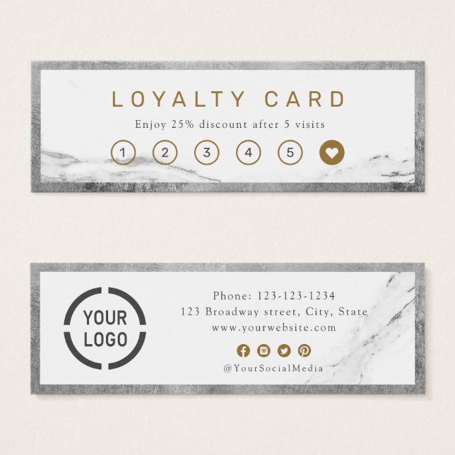 Modern silver marble luxe business loyalty card (Front & Back)