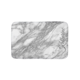 Modern Silver Marble Texture With Your Name Bathroom Mat