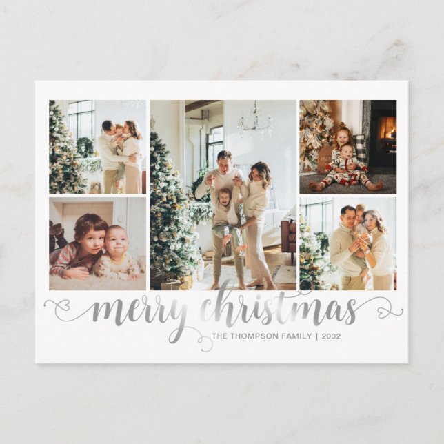 Modern Silver Merry Christmas Heart Script 5 Photo Holiday Postcard (Front)