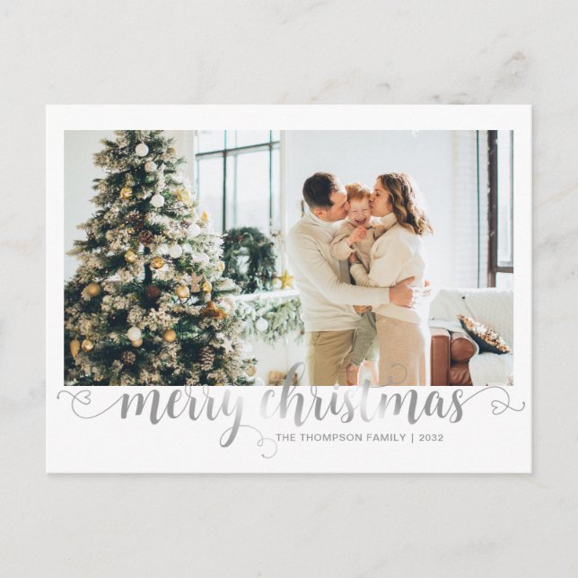 Modern Silver Merry Christmas Heart Script Photo Holiday Postcard (Front)